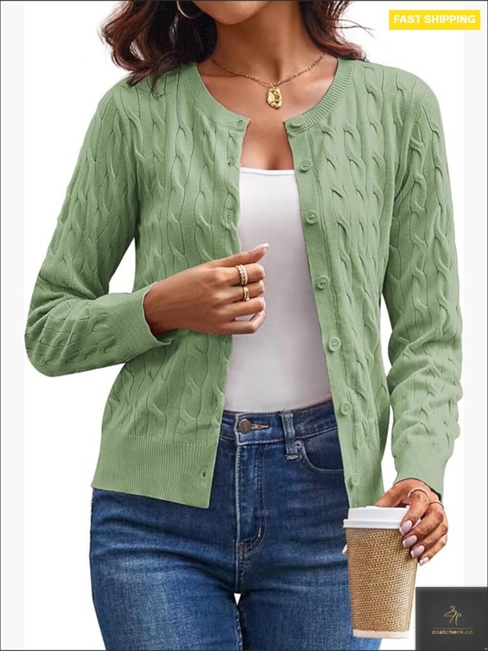 Long Sleeve Button Up Cable Knit Cardigan Lightweight Crewneck Sweater